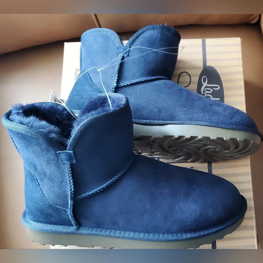 New Women's Sizes Shearling Scalloped Edge Boots Navy - Picture 6 of 15